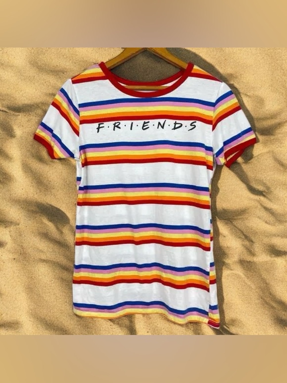 🧚🏻‍♀️FRIENDS White Rainbow Stripe Short Sleeve Tee with Red Trim